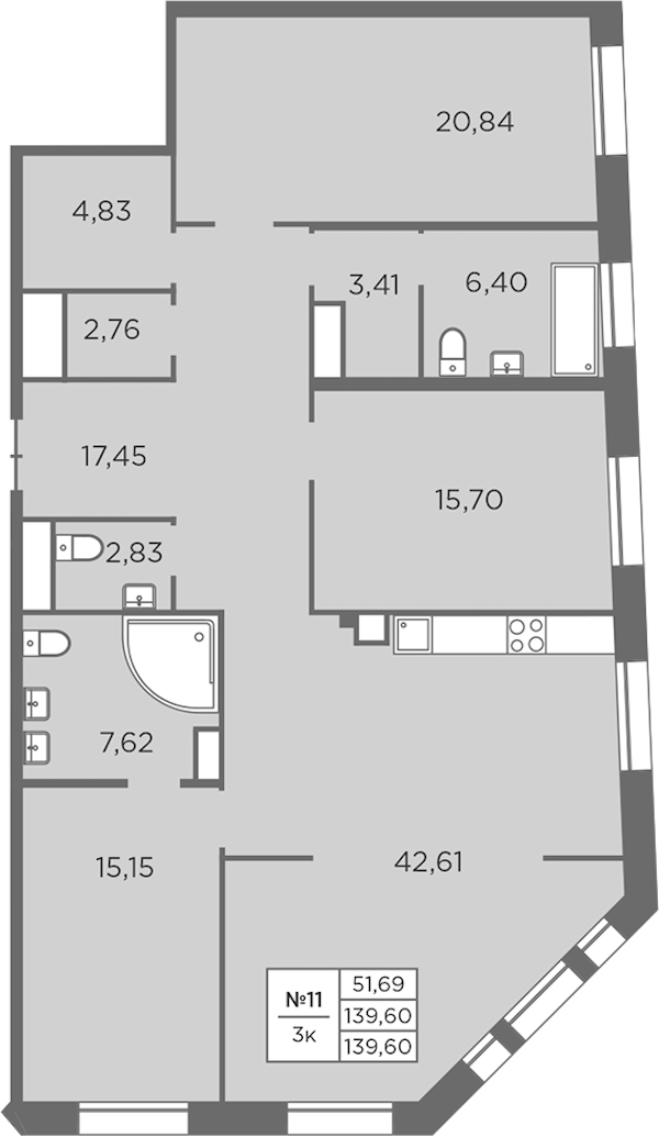 3-комнатная квартира 139.6 м², 3/7 эт., ЖК «Северная Корона»
